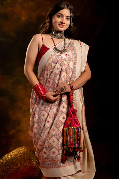Handwoven White Satin Silk Saree With Dharwadi Motifs