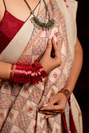 Handwoven White Satin Silk Saree With Dharwadi Motifs