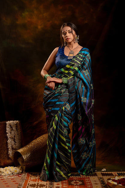Black Tussar Silk Saree – Heritage Leheriya & Artisanal Detailing