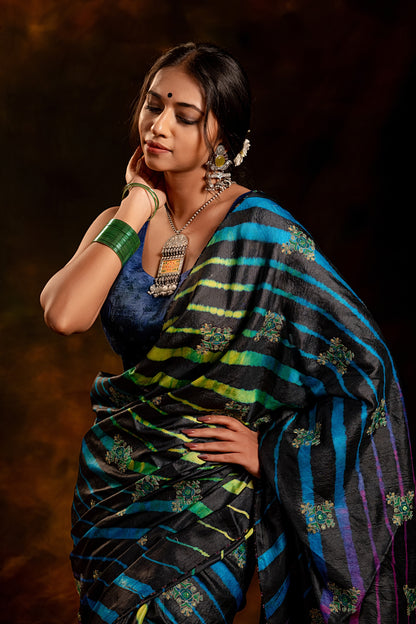 Black Tussar Silk Saree – Heritage Leheriya & Artisanal Detailing