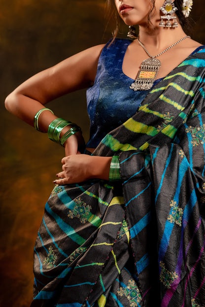 Black Tussar Silk Saree – Heritage Leheriya & Artisanal Detailing