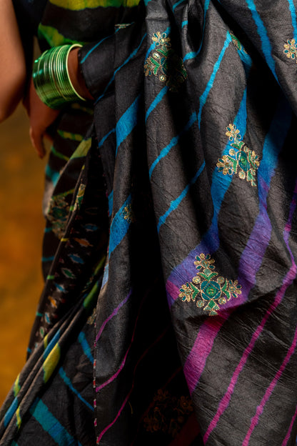 Black Tussar Silk Saree – Heritage Leheriya & Artisanal Detailing