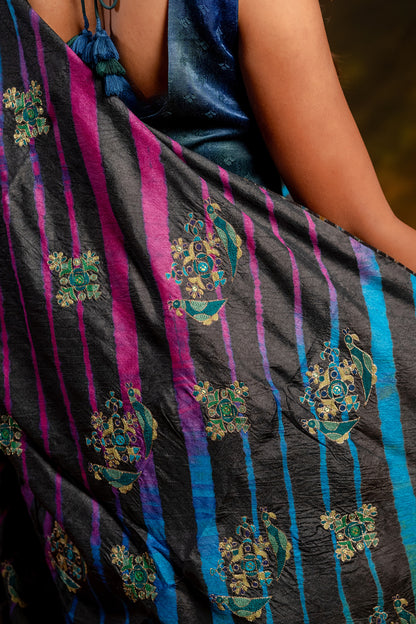 Black Tussar Silk Saree – Heritage Leheriya & Artisanal Detailing