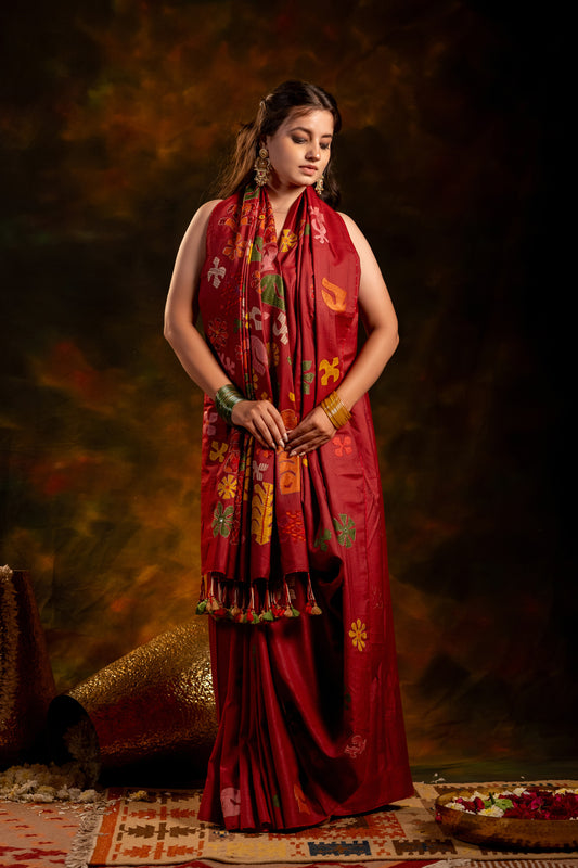 Exclusive Deep Red Satin Silk Saree With Hand-Cut Appliqué & Tassels