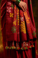 Exclusive Deep Red Satin Silk Saree With Hand-Cut Appliqué & Tassels