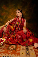 Exclusive Deep Red Satin Silk Saree With Hand-Cut Appliqué & Tassels