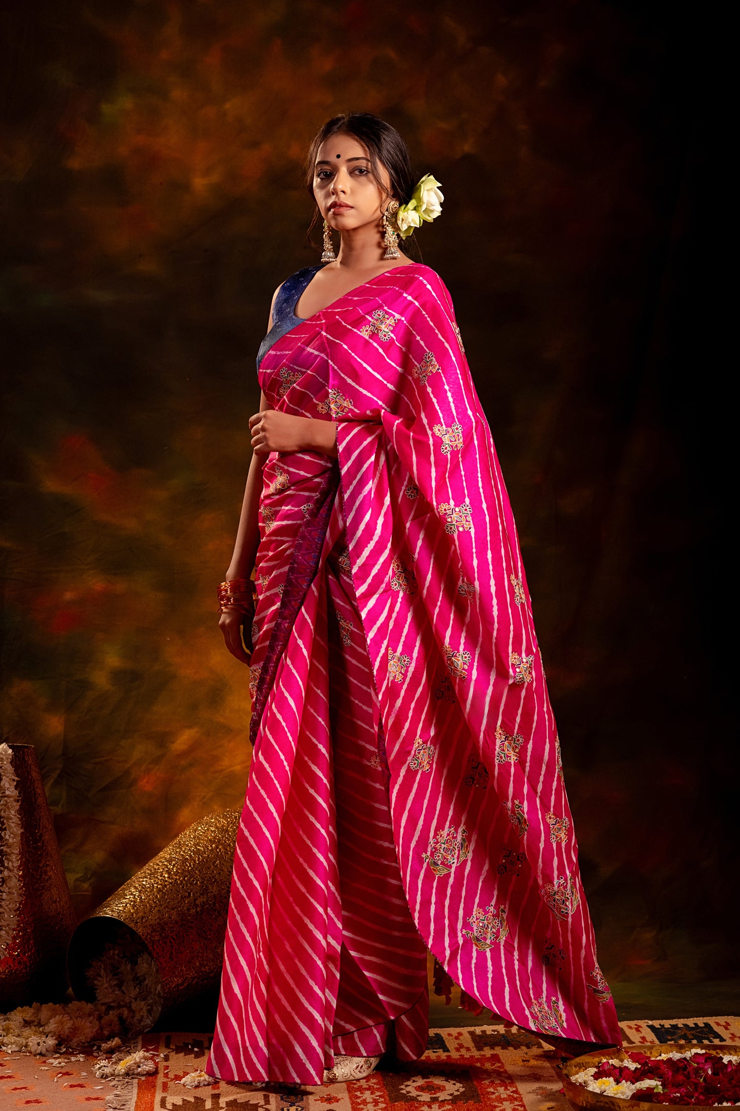 Artisanal Pink Tussar Silk Saree With Royal Floral Motifs