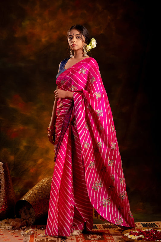 Artisanal Pink Tussar Silk Saree With Royal Floral Motifs