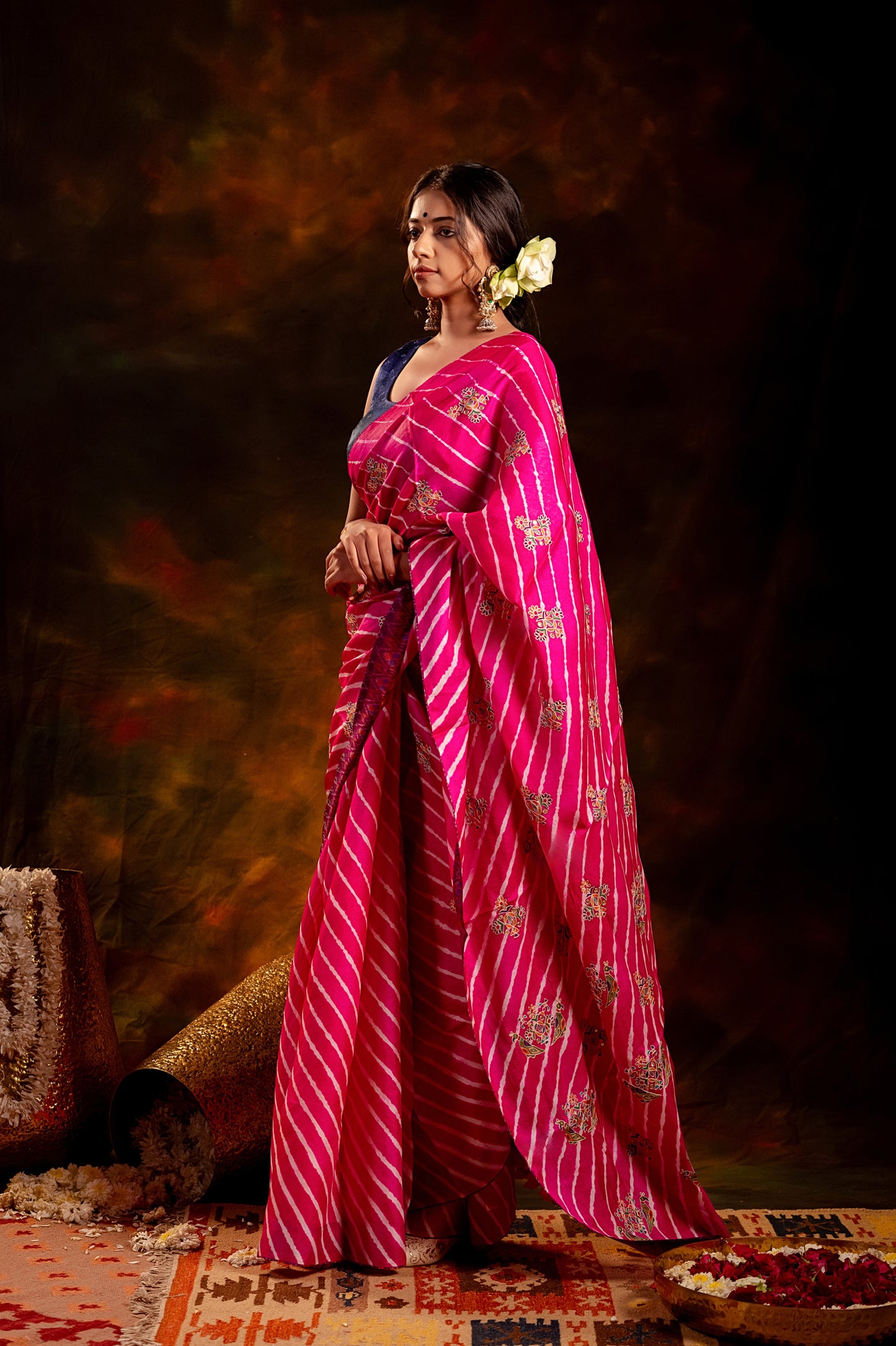 Artisanal Pink Tussar Silk Saree With Royal Floral Motifs
