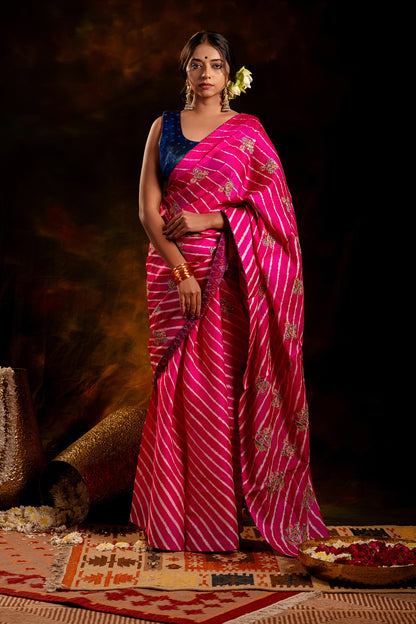 Artisanal Pink Tussar Silk Saree With Royal Floral Motifs