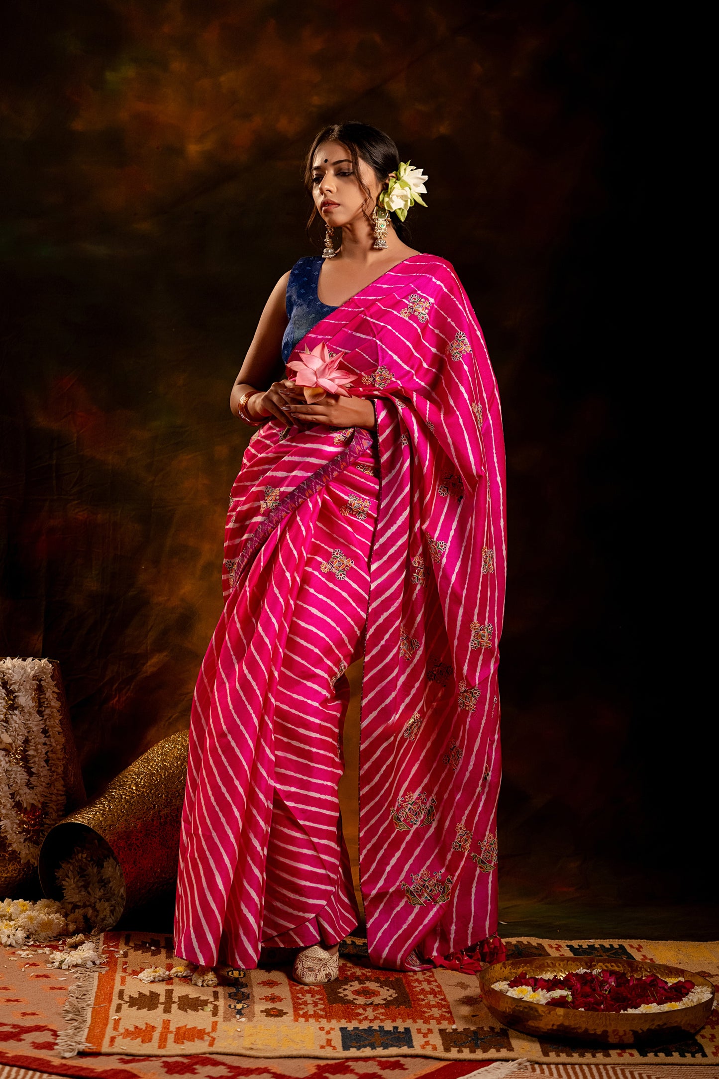 Artisanal Pink Tussar Silk Saree With Royal Floral Motifs