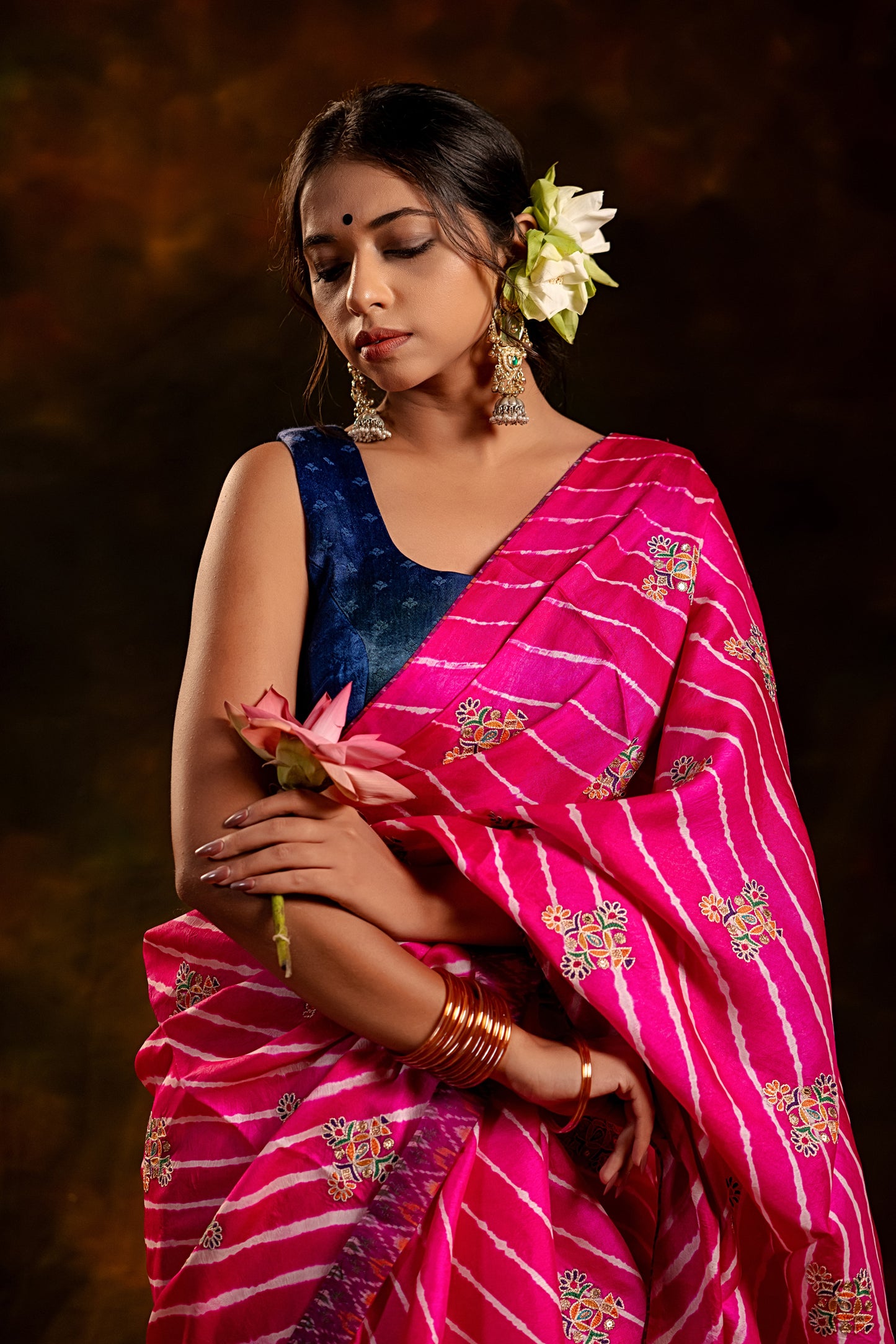 Artisanal Pink Tussar Silk Saree With Royal Floral Motifs