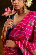 Artisanal Pink Tussar Silk Saree With Royal Floral Motifs