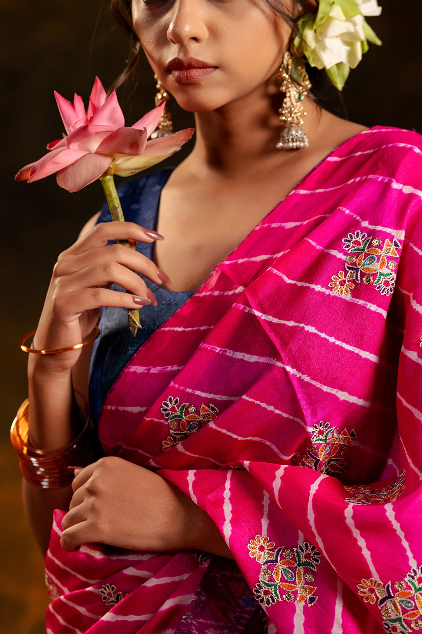 Artisanal Pink Tussar Silk Saree With Royal Floral Motifs