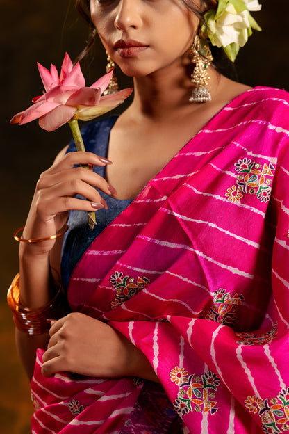 Artisanal Pink Tussar Silk Saree With Royal Floral Motifs