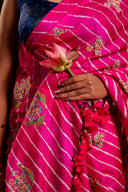 Artisanal Pink Tussar Silk Saree With Royal Floral Motifs