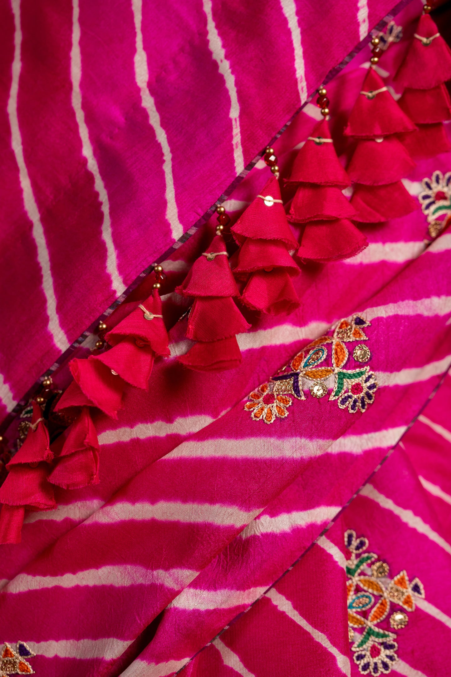 Artisanal Pink Tussar Silk Saree With Royal Floral Motifs