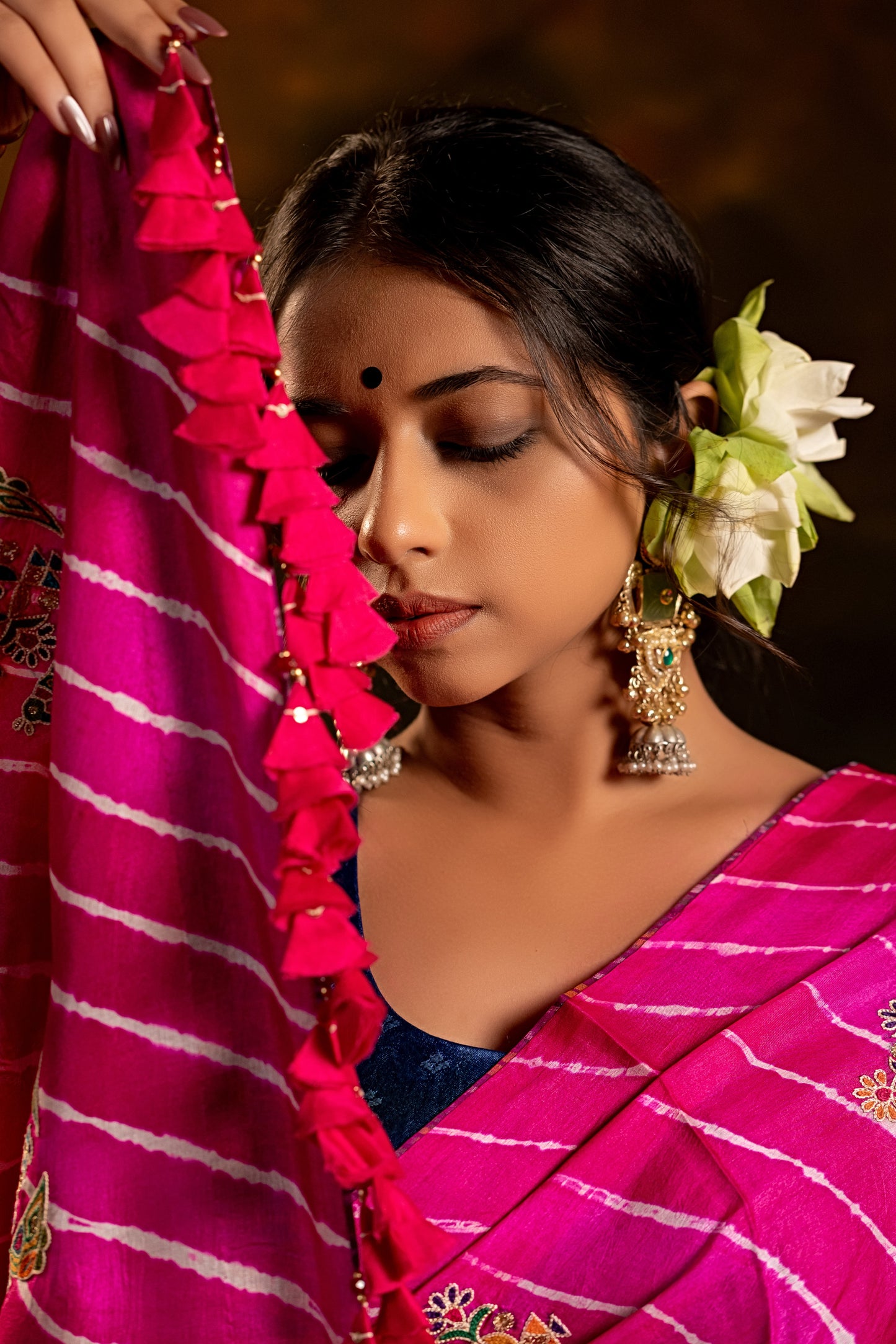 Artisanal Pink Tussar Silk Saree With Royal Floral Motifs