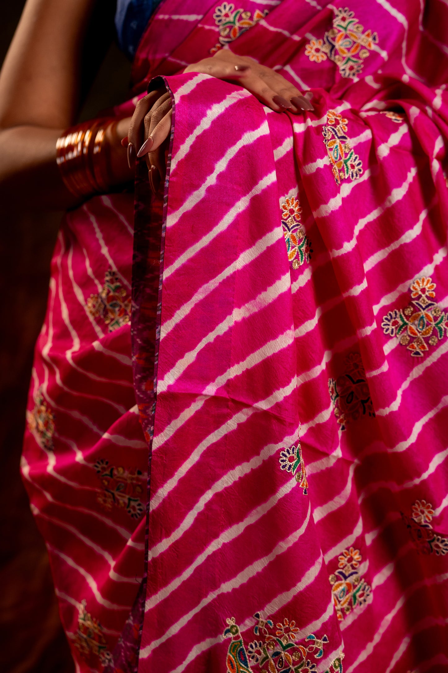 Artisanal Pink Tussar Silk Saree With Royal Floral Motifs