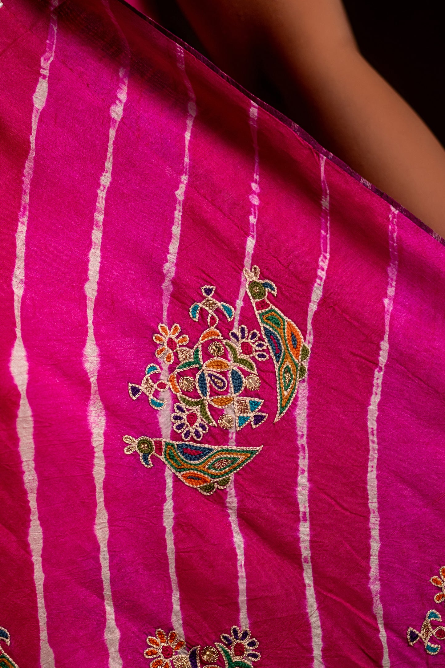 Artisanal Pink Tussar Silk Saree With Royal Floral Motifs