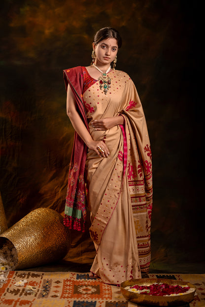 Luxury Satin Silk Saree in Beige With Red Hand Appliqué