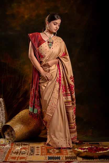Luxury Satin Silk Saree in Beige With Red Hand Appliqué