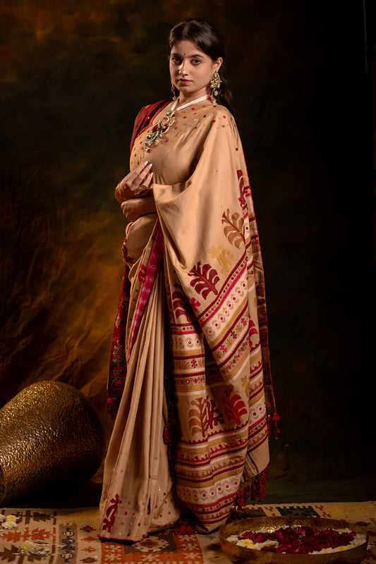 Luxury Satin Silk Saree in Beige With Red Hand Appliqué