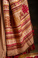 Luxury Satin Silk Saree in Beige With Red Hand Appliqué