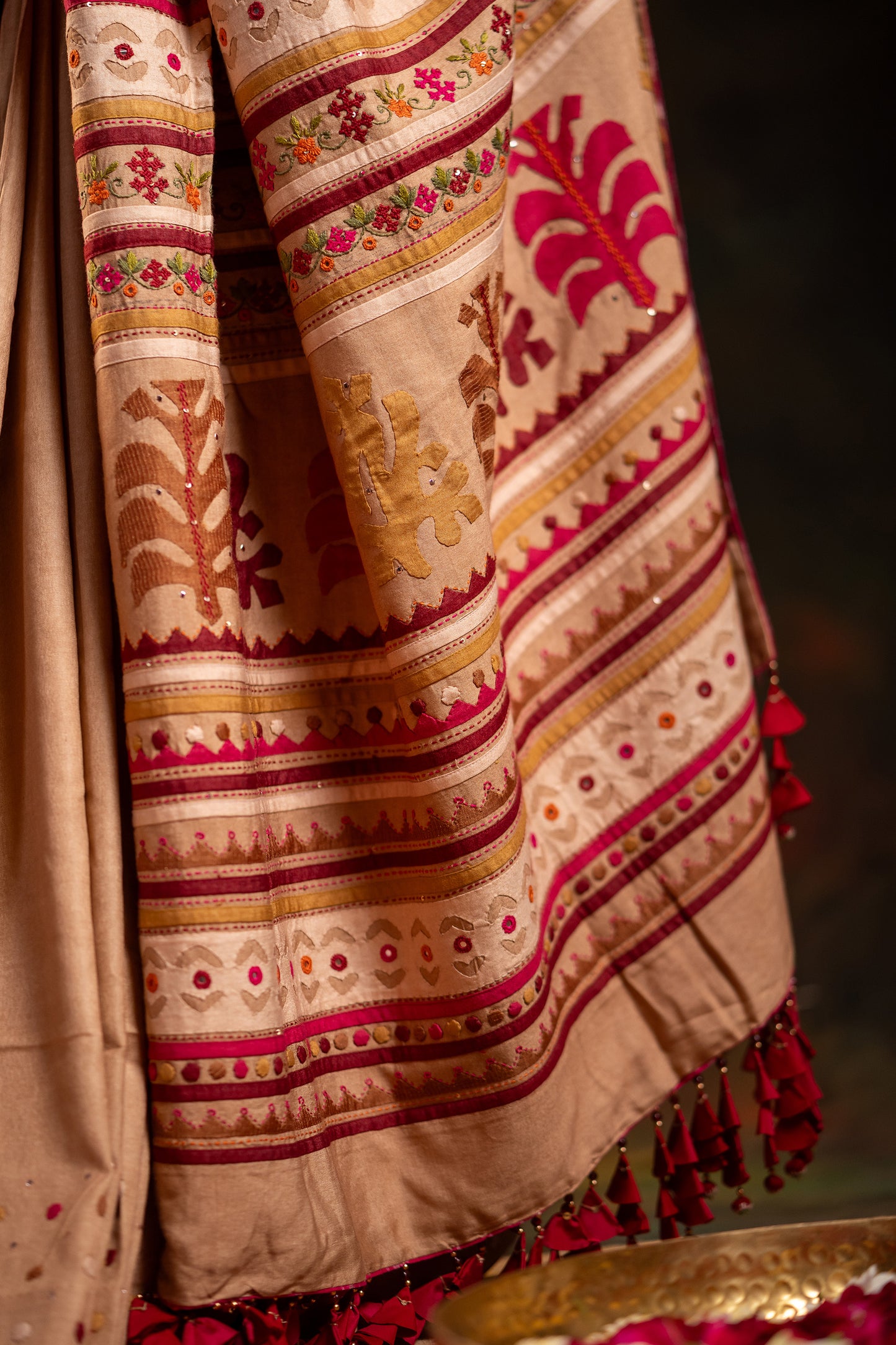 Luxury Satin Silk Saree in Beige With Red Hand Appliqué