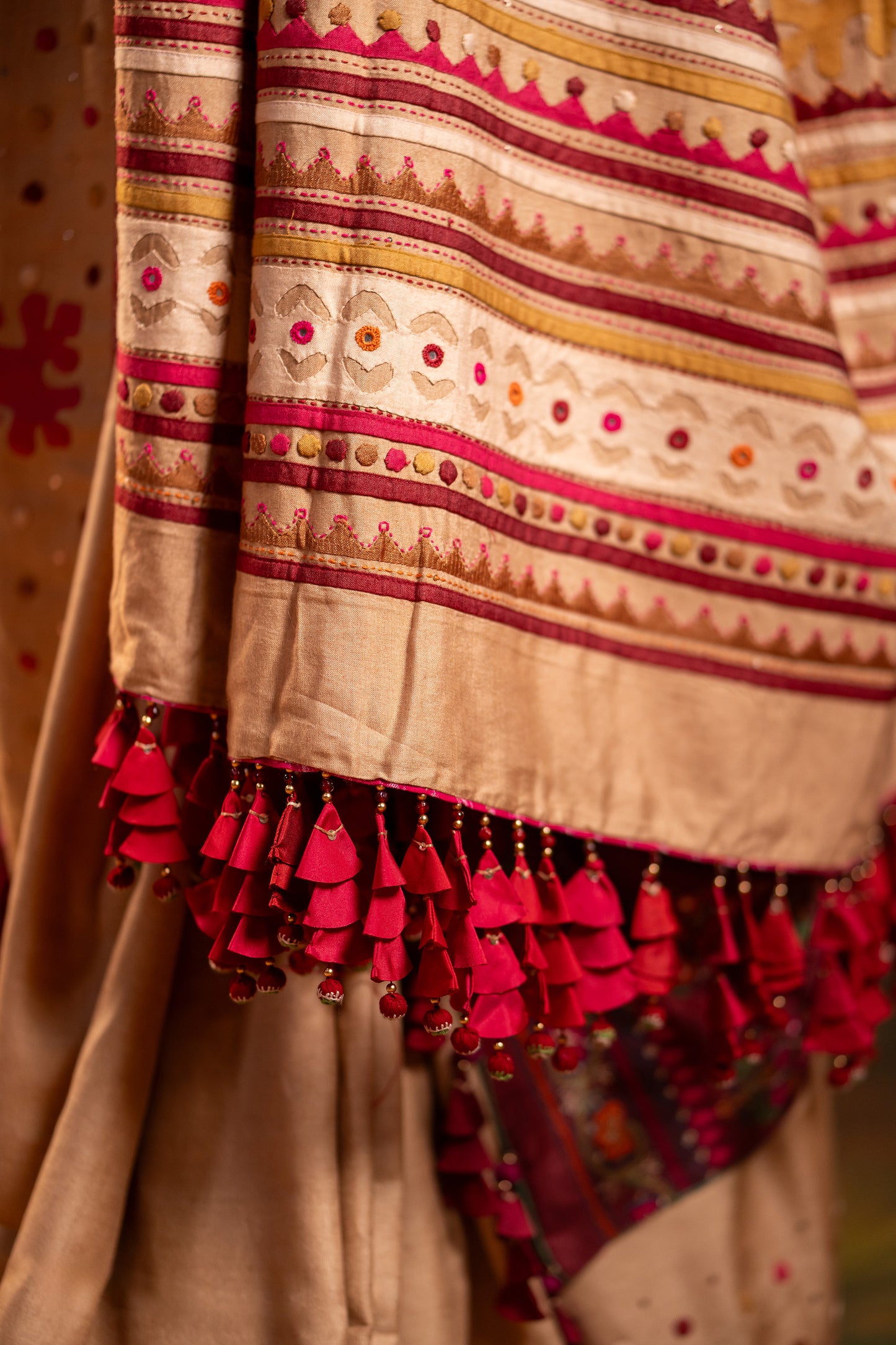 Luxury Satin Silk Saree in Beige With Red Hand Appliqué