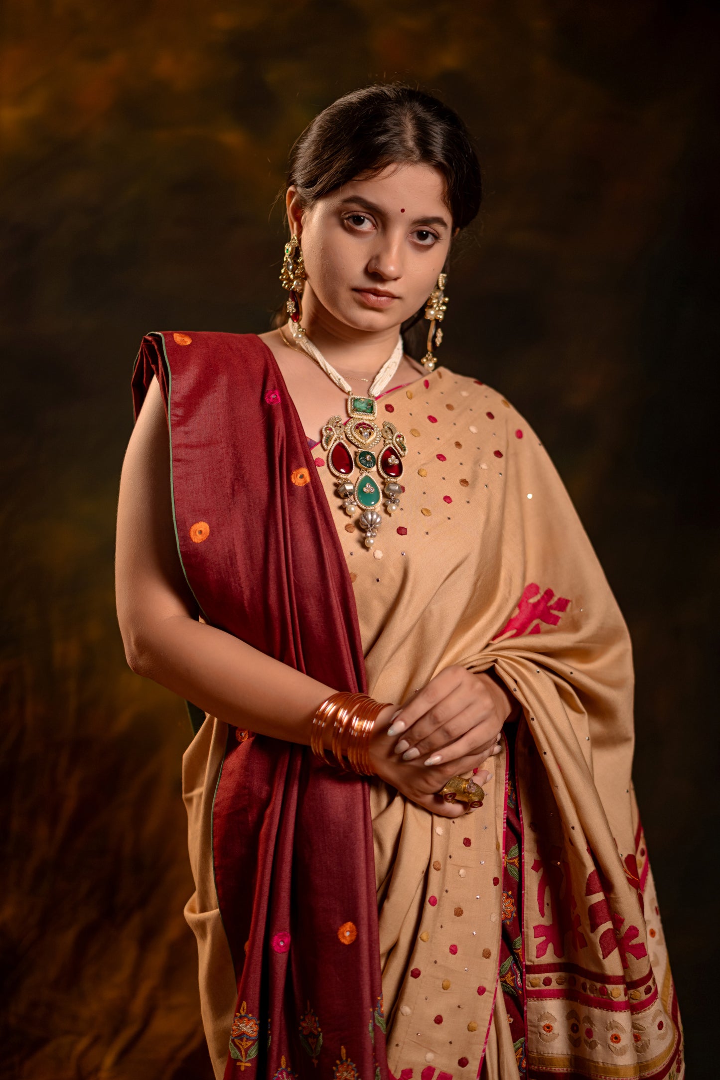 Luxury Satin Silk Saree in Beige With Red Hand Appliqué
