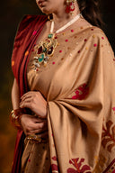 Luxury Satin Silk Saree in Beige With Red Hand Appliqué
