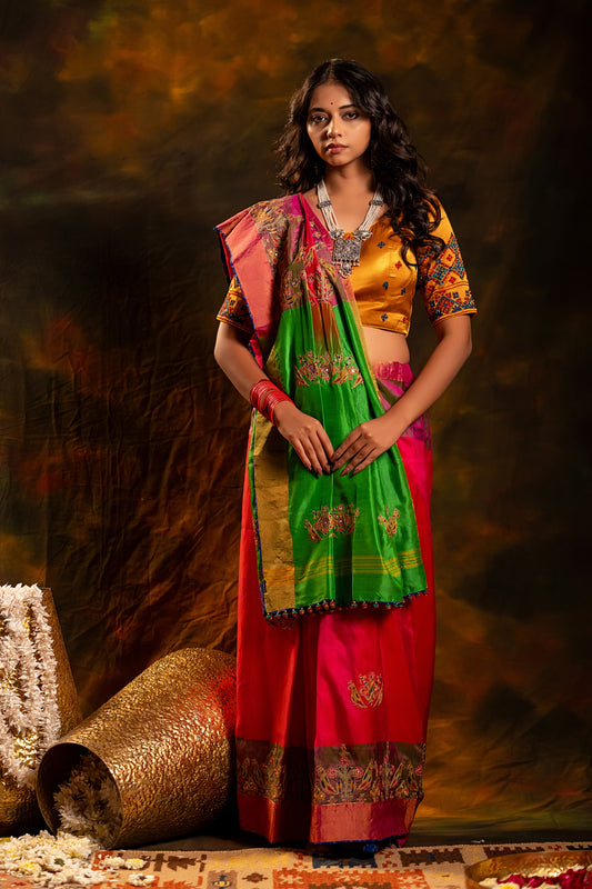 Festive Green-Pink Mulberry Silk Saree With Aari Needlework