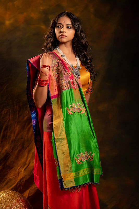 Festive Green-Pink Mulberry Silk Saree With Aari Needlework