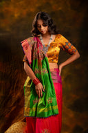 Festive Green-Pink Mulberry Silk Saree With Aari Needlework