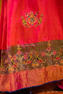 Festive Green-Pink Mulberry Silk Saree With Aari Needlework