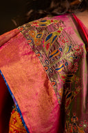 Festive Green-Pink Mulberry Silk Saree With Aari Needlework