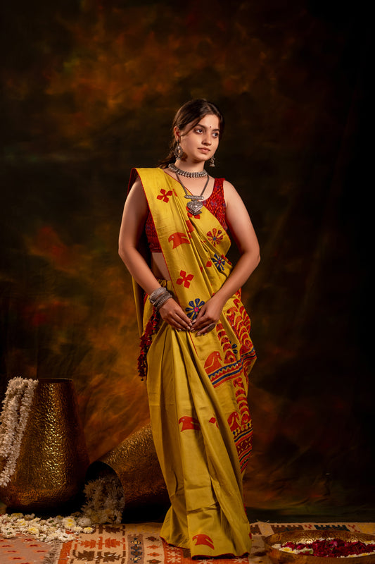 Handwoven Lime Green Satin Silk Saree With Appliqué Motifs