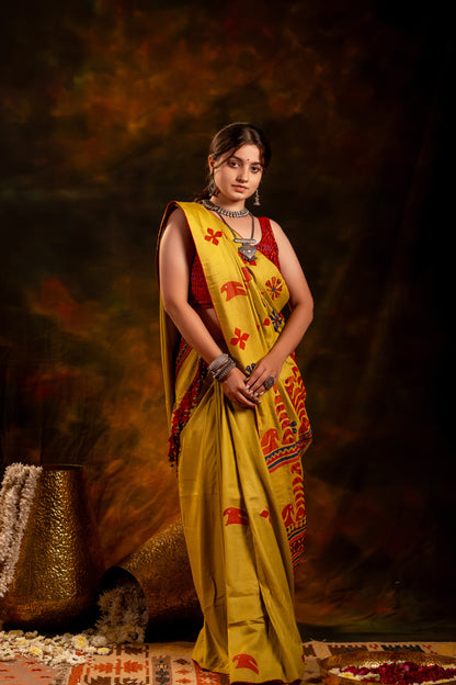 Handwoven Lime Green Satin Silk Saree With Appliqué Motifs