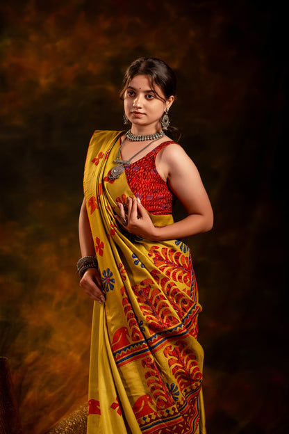 Handwoven Lime Green Satin Silk Saree With Appliqué Motifs