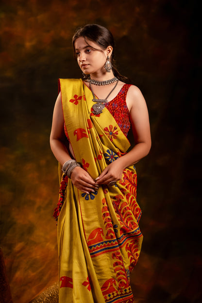 Handwoven Lime Green Satin Silk Saree With Appliqué Motifs