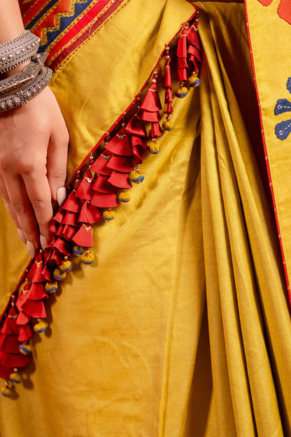 Handwoven Lime Green Satin Silk Saree With Appliqué Motifs