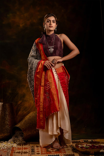 Festive Red and Grey Patola Silk-Tissue Dupatta With Artisanal Charm
