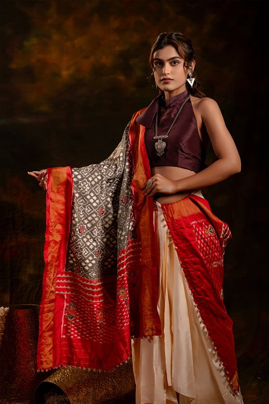 Festive Red and Grey Patola Silk-Tissue Dupatta With Artisanal Charm