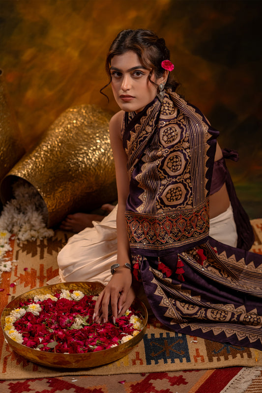 Black Handwoven Mashru Dupatta – Traditional Ajrakh & Aari Elegance