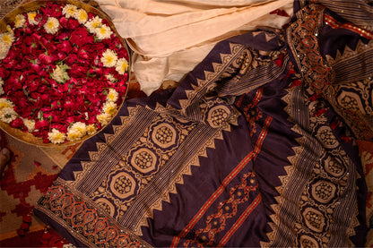 Black Handwoven Mashru Dupatta – Traditional Ajrakh & Aari Elegance