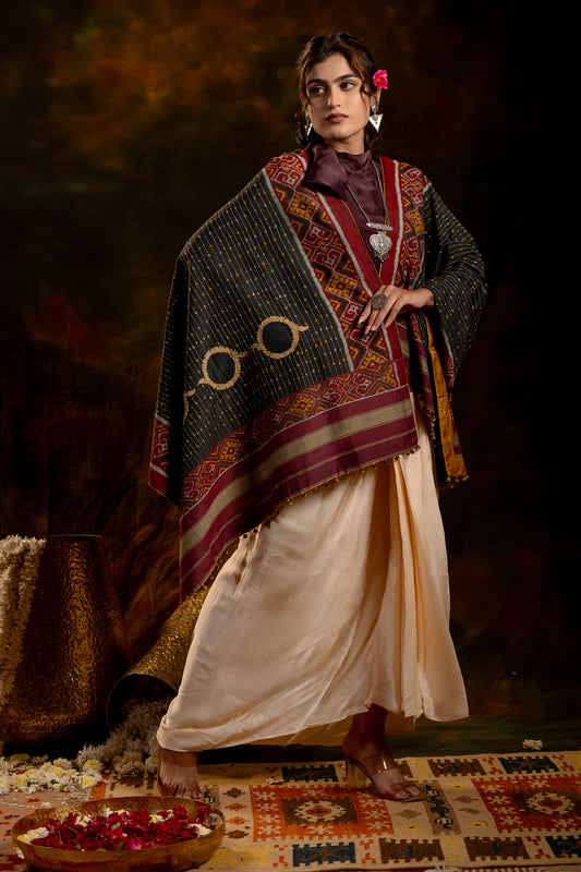 Artisanal Charcoal Black Cotton Dupatta With Heritage Weaves