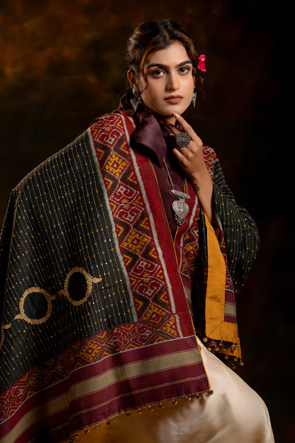 Artisanal Charcoal Black Cotton Dupatta With Heritage Weaves
