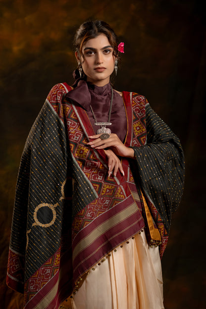 Artisanal Charcoal Black Cotton Dupatta With Heritage Weaves