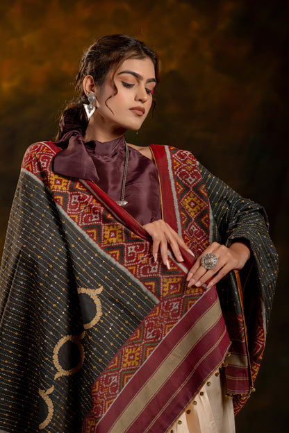 Artisanal Charcoal Black Cotton Dupatta With Heritage Weaves